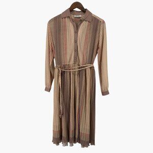 Vintage Hal Ferman Brown Pleated Button Up Stripe‎ Geometric Collared Midi Dress